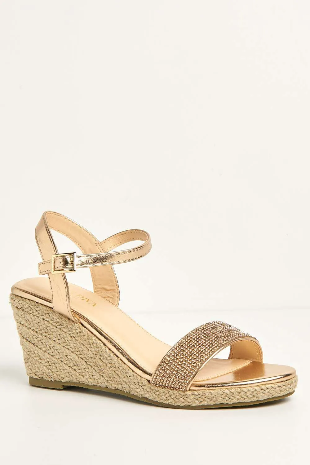 Adriel Diamante Embellished Band Anklestrap Wedges in Rose Gold