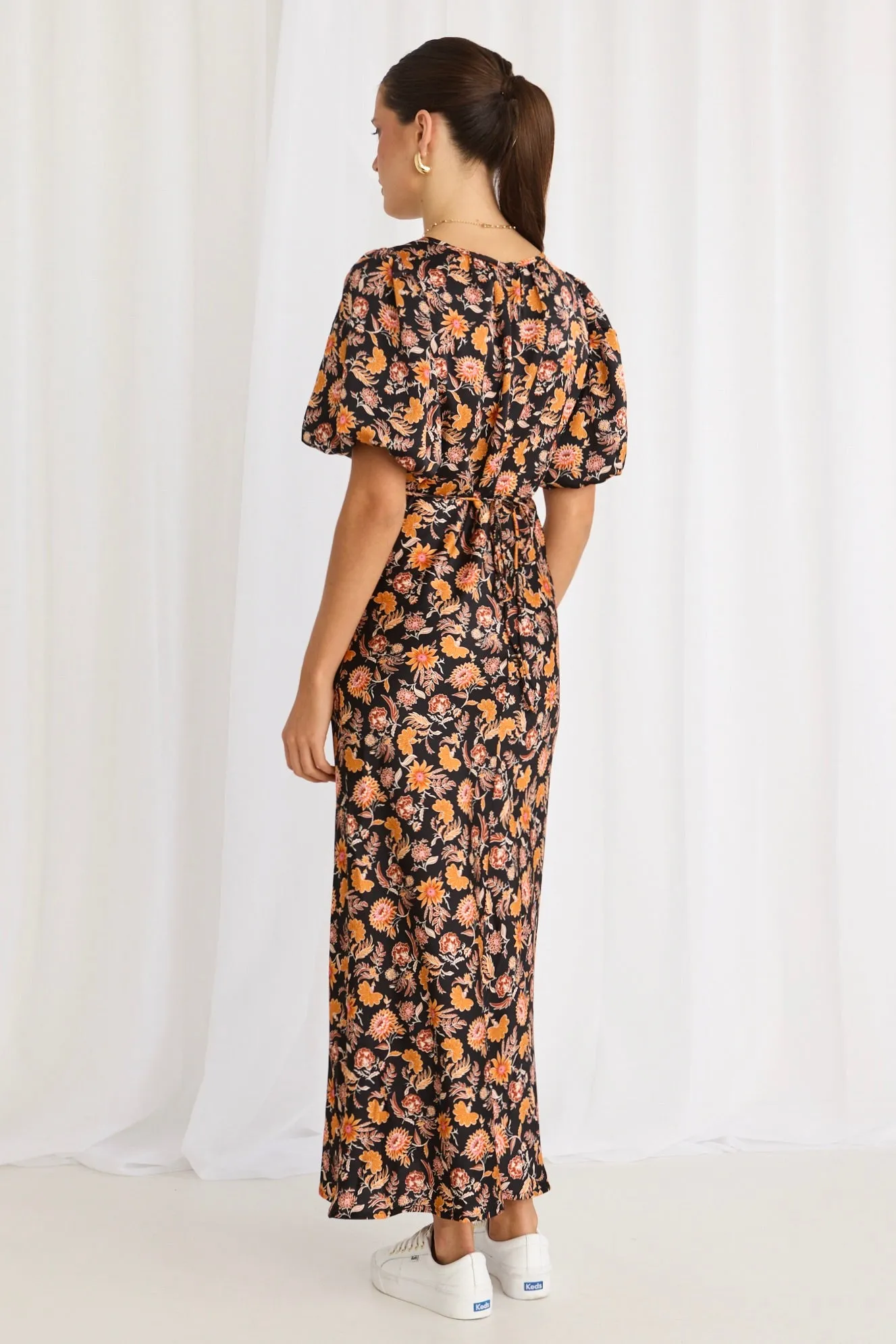 Astrid Black Floral Satin Puff Sleeve Bias Maxi Dress