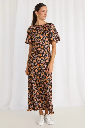 Astrid Black Floral Satin Puff Sleeve Bias Maxi Dress