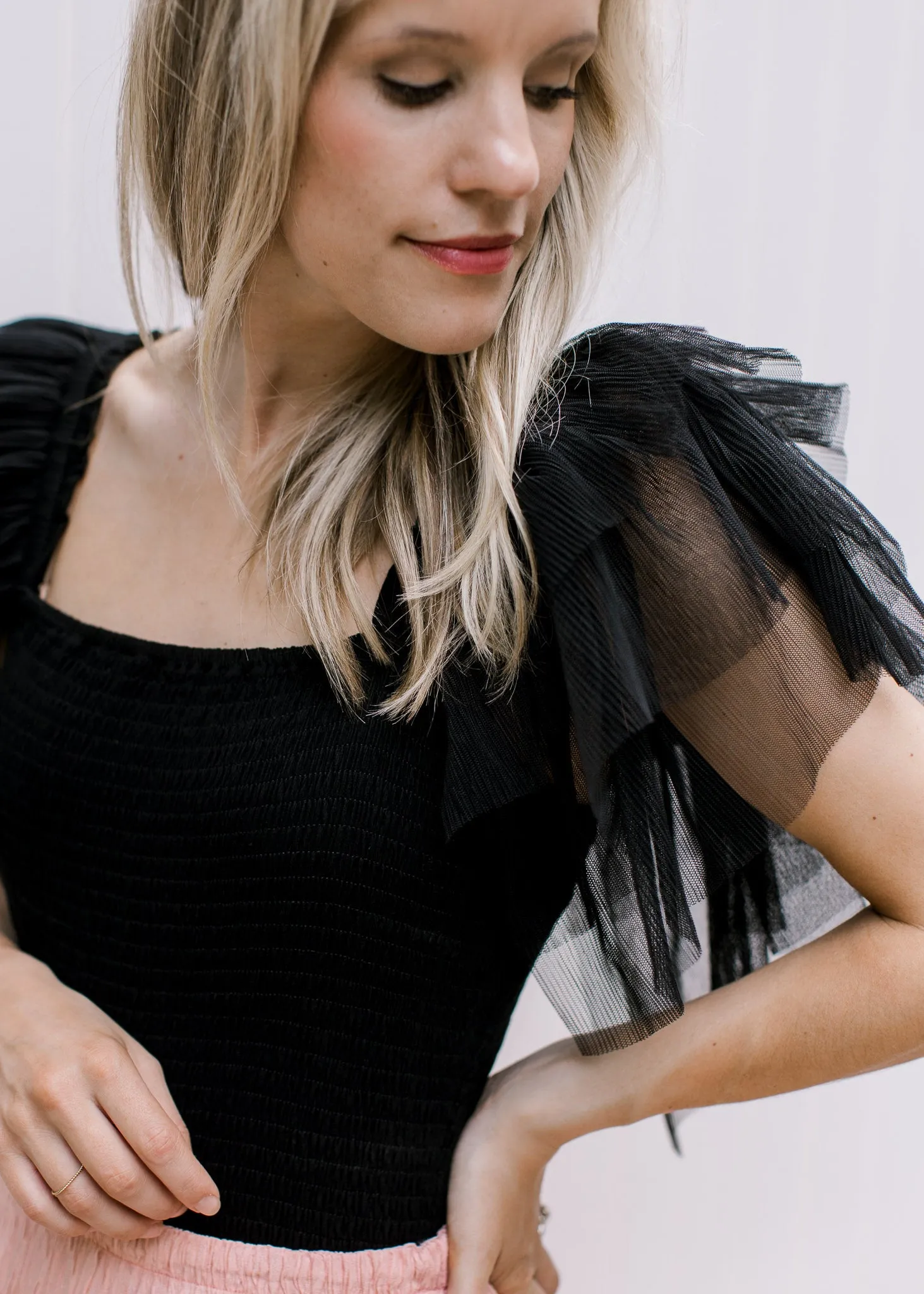 Black Bodysuit with Mesh Ruffle Sleeves