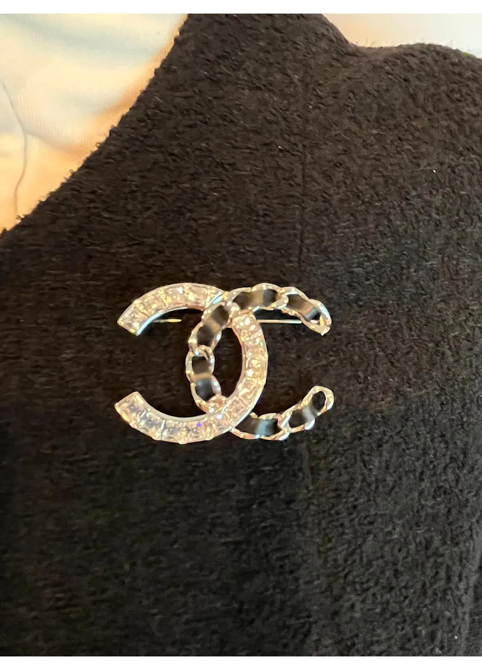 Chanel 2018 Black Woven Lambskin CC Crystal Baguette Pin Brooch