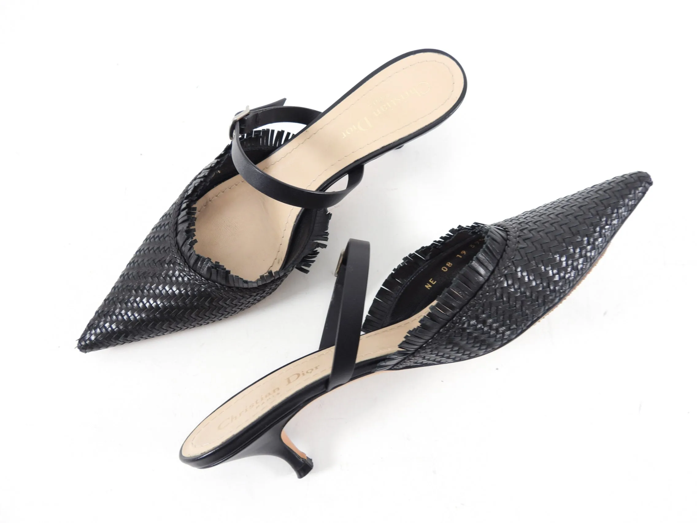 Christian Dior Black Leather Pointed Woven Mules - 8.5