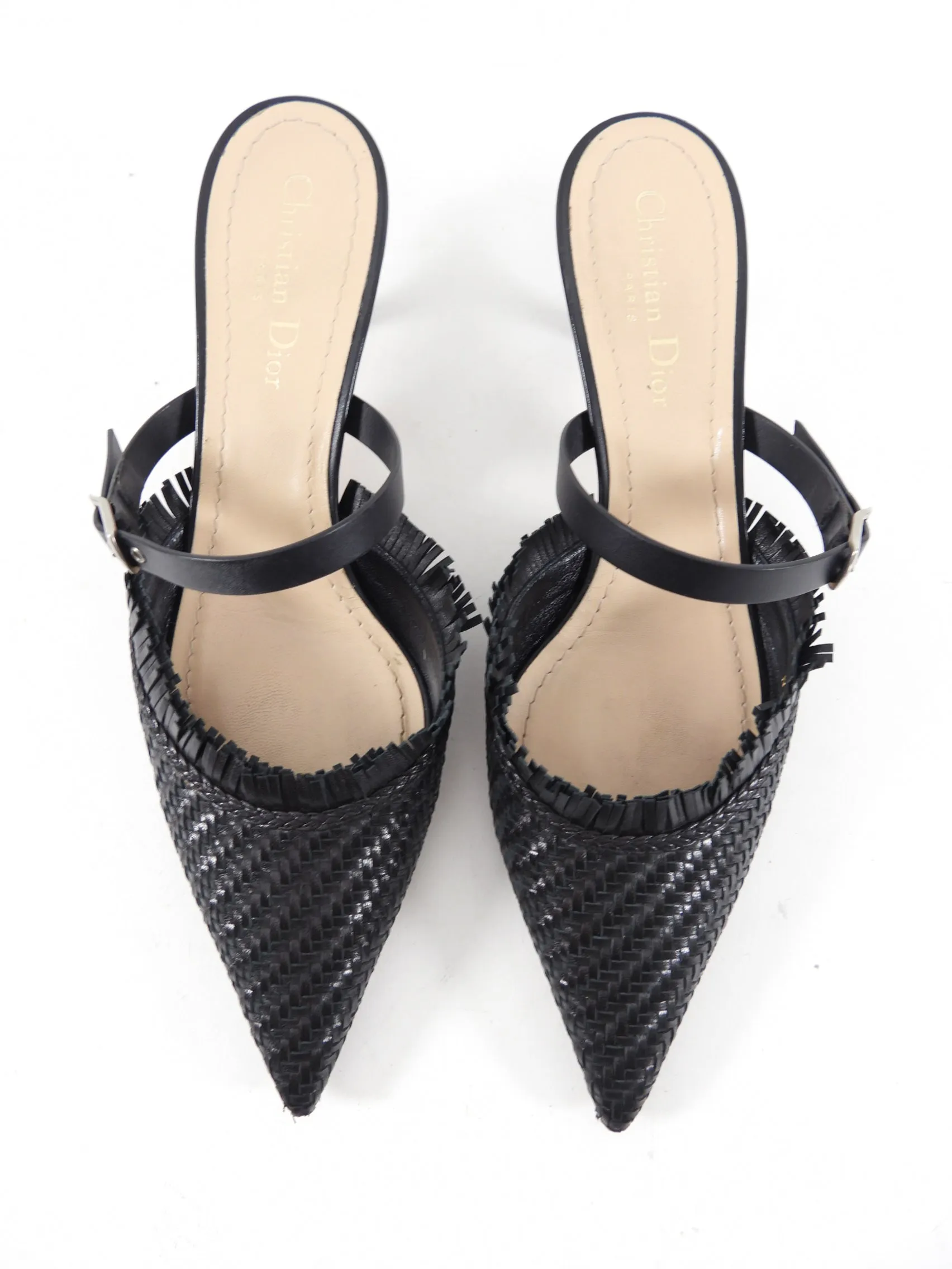 Christian Dior Black Leather Pointed Woven Mules - 8.5