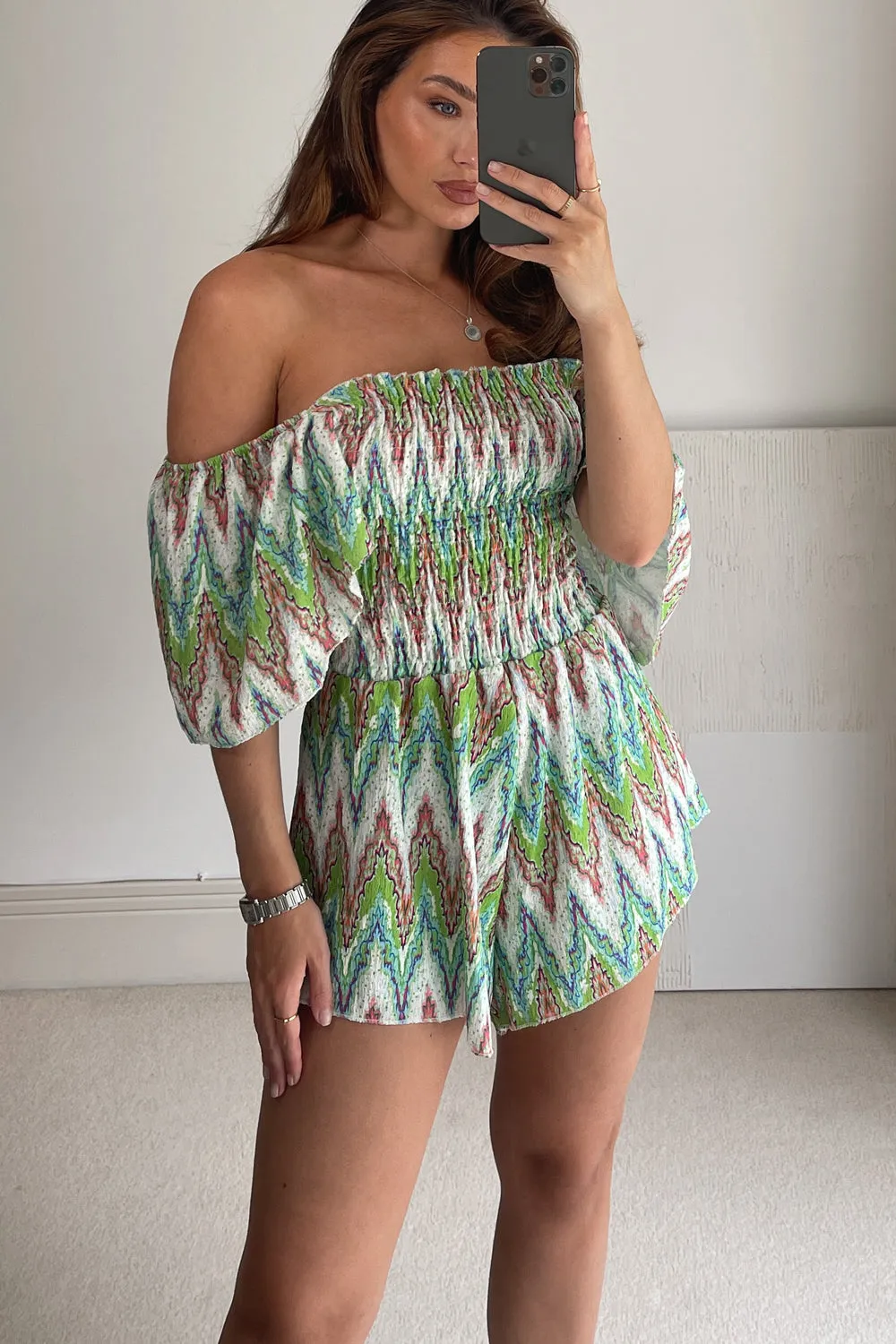 Claire Green Multi Printed Shirred Floaty Playsuit