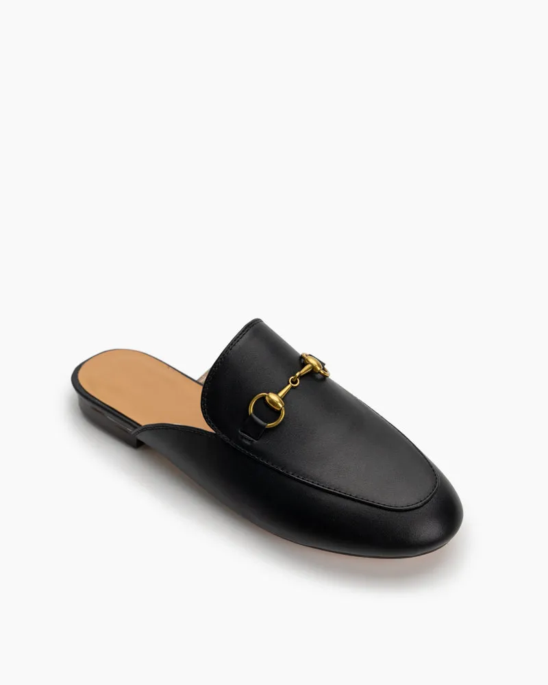 (Clean Up) Classic Metal Buckle Leather Slide Slip On Flat Mules