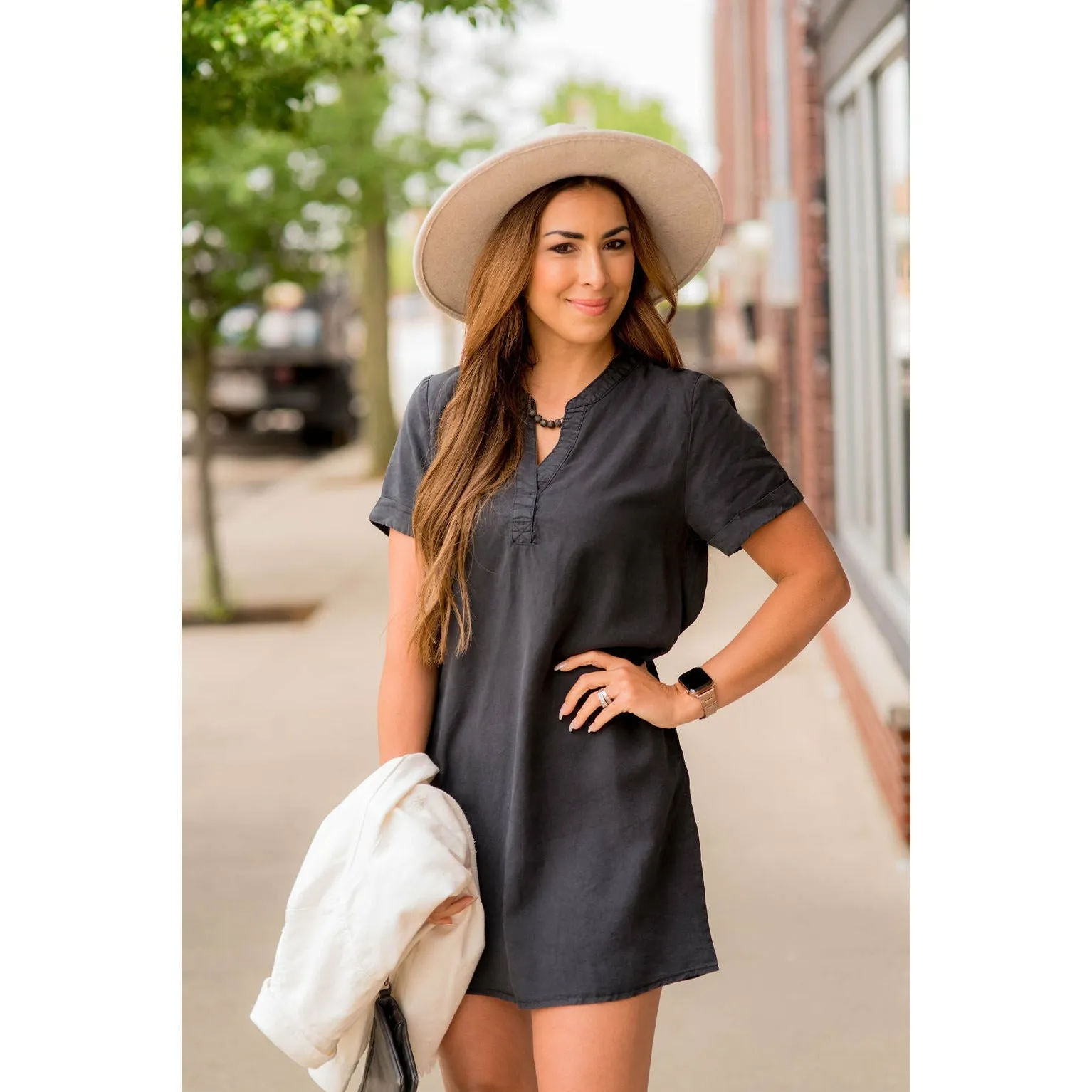 Cuffed Sleeve V-Neck Shirt Dress