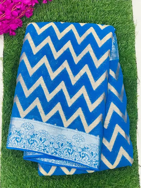 Dazzling Georgette And Printed Work Blue Colored Saree For Women