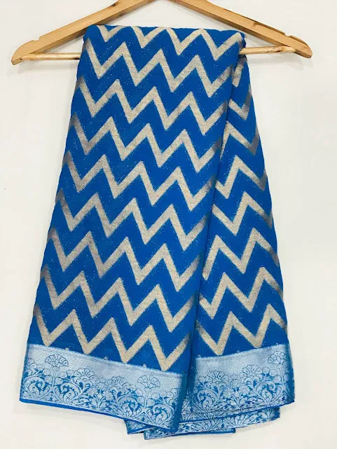 Dazzling Georgette And Printed Work Blue Colored Saree For Women