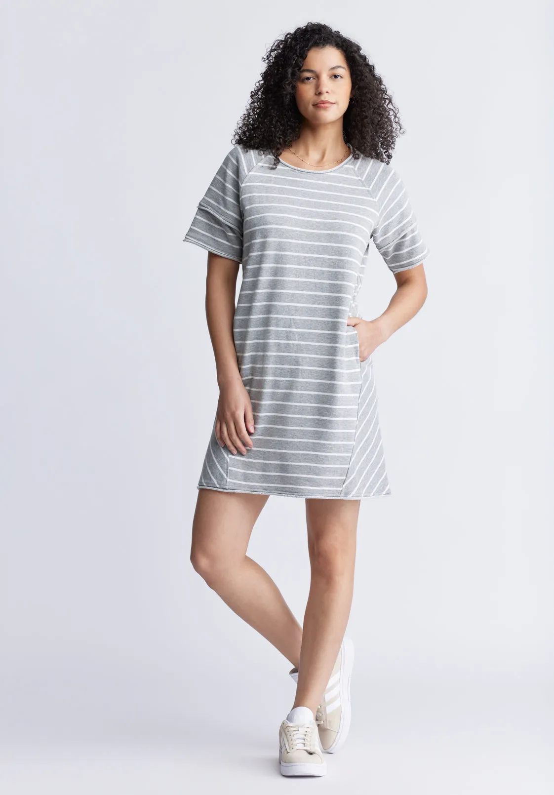 Delfina Women's T-Shirt Dress, Grey and White Striped - KD0006S