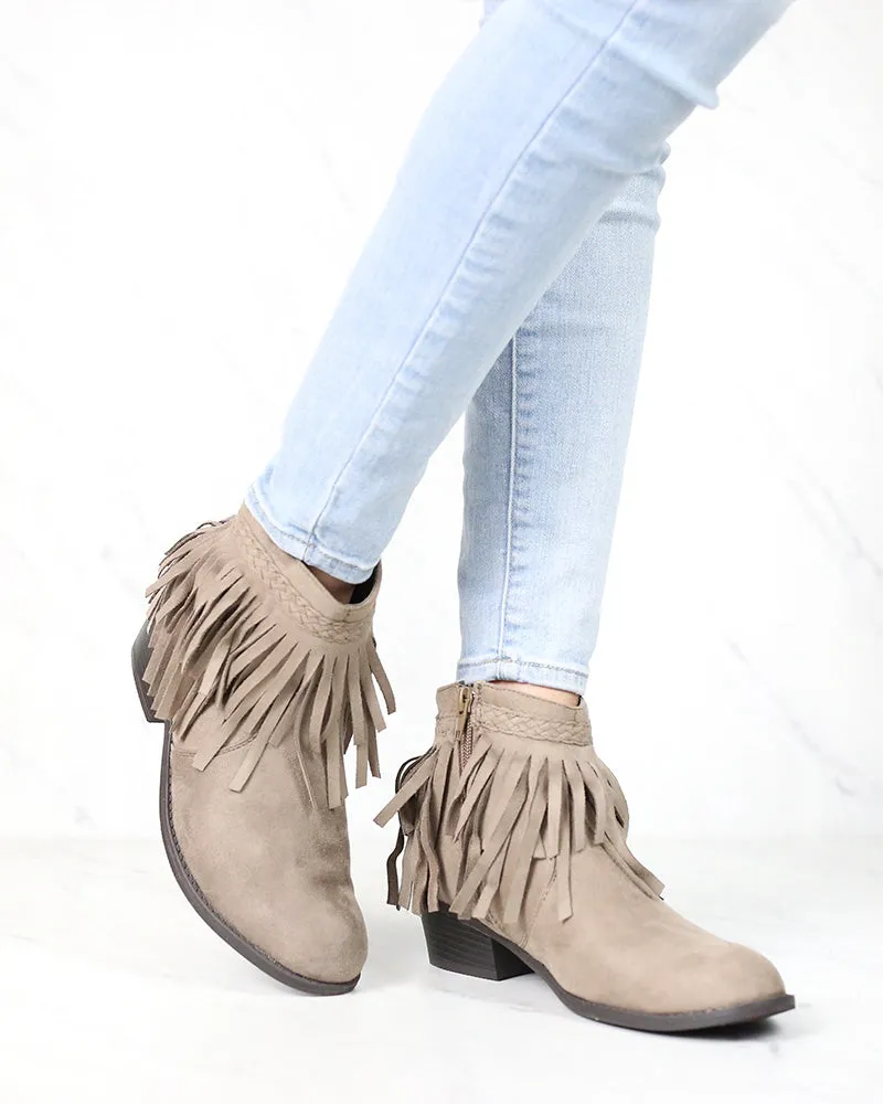 Faux Suede Fringe Western Inspired Boho Ankle Booties in Taupe