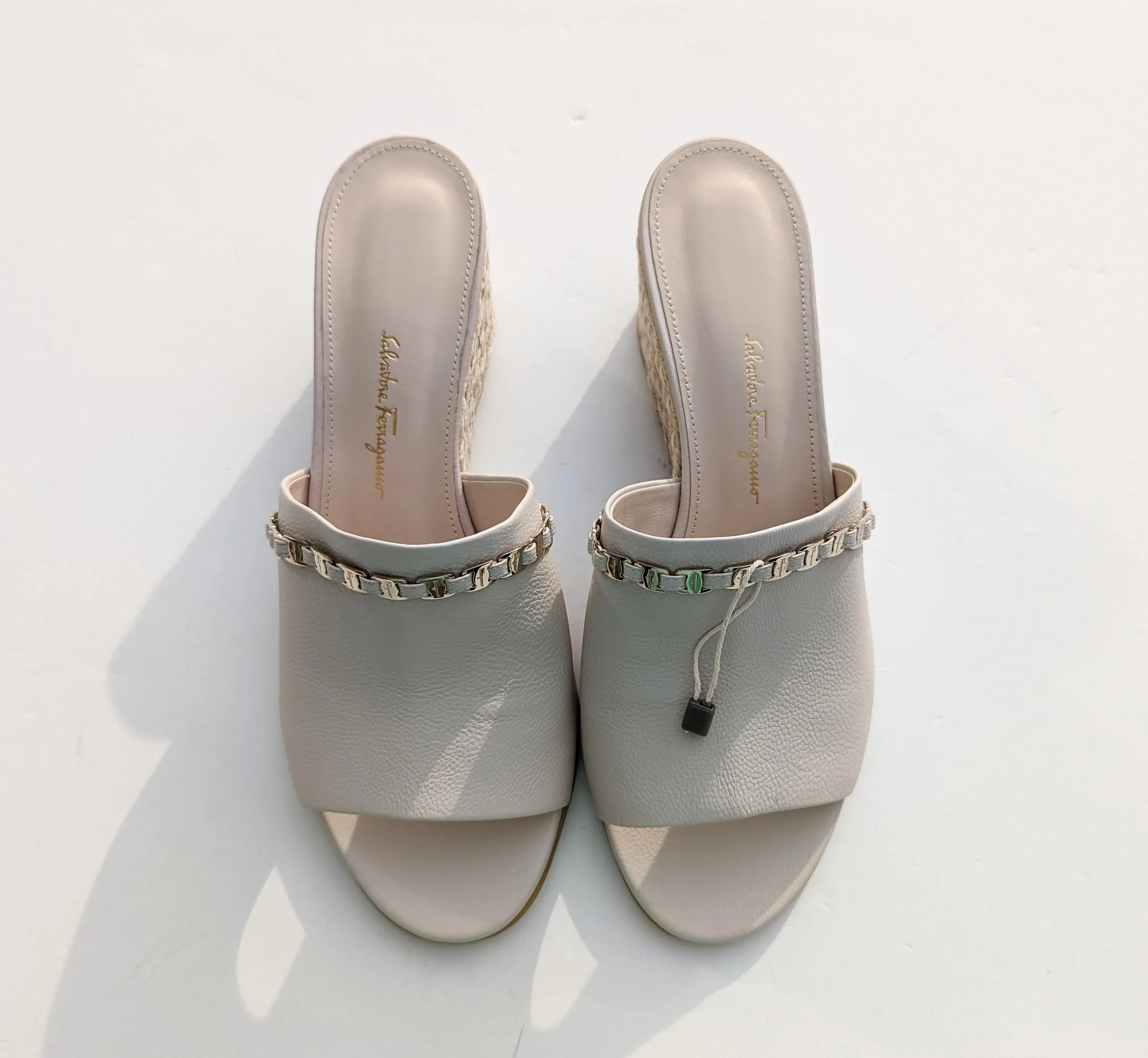 Ferragamo Thassos Bone Cream Calf Leather Slides Espadrilles Wedge Sandals