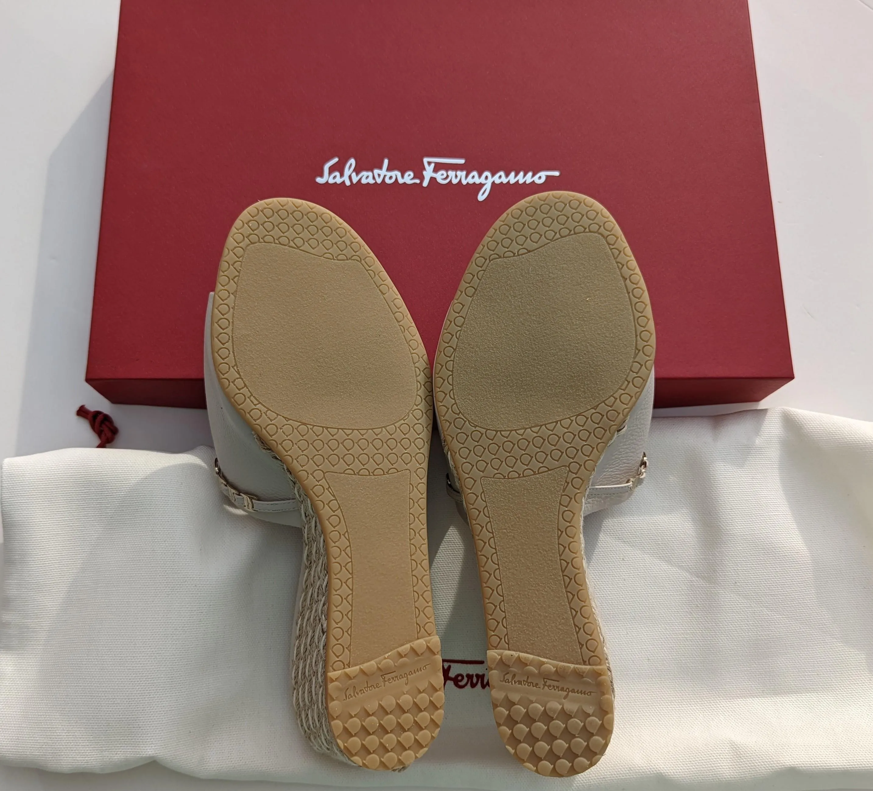 Ferragamo Thassos Bone Cream Calf Leather Slides Espadrilles Wedge Sandals