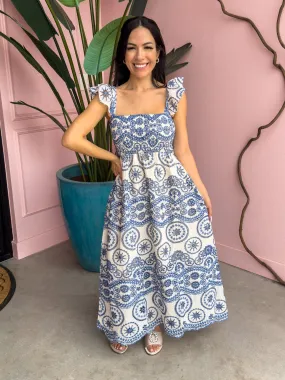 Glamfox - Capri Blue and White Embroidered Dress