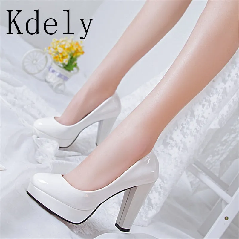 Hot Women Pumps Shoes Women PU Leather Shallow Slip-On Round Toe High heels Wedding Party Derss shoes Mujer Plus size 34-42 New