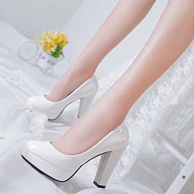 Hot Women Pumps Shoes Women PU Leather Shallow Slip-On Round Toe High heels Wedding Party Derss shoes Mujer Plus size 34-42 New