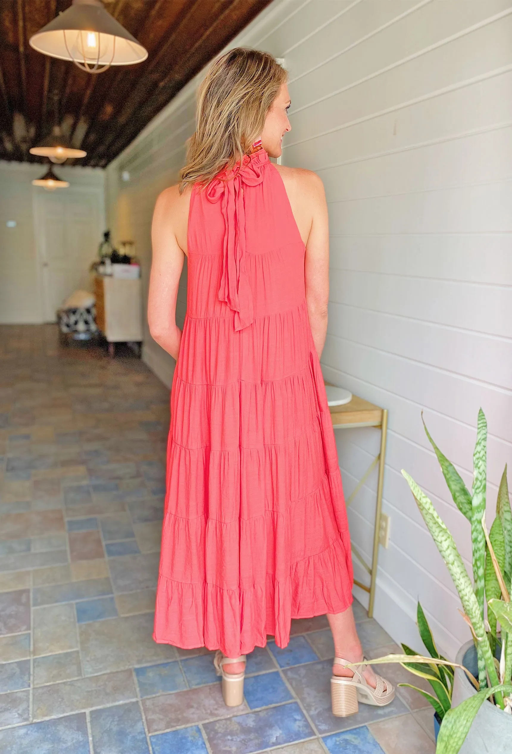 Lisbeth Coral Tiered Maxi Dress