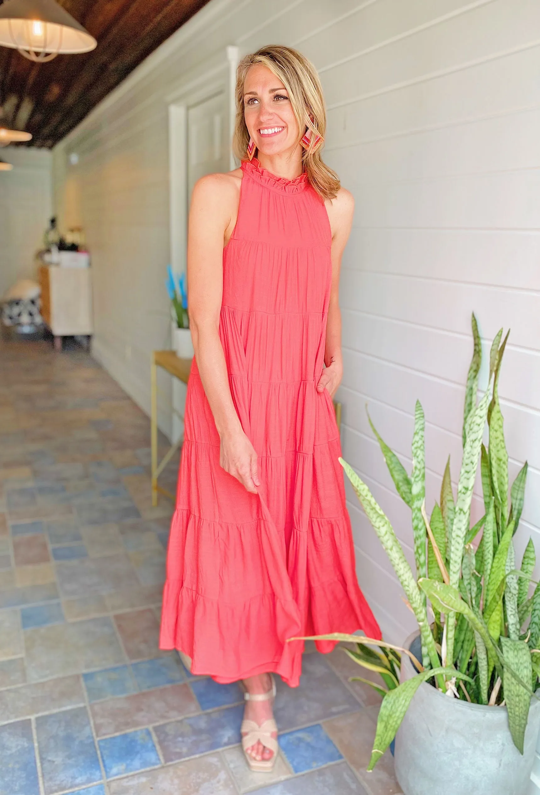 Lisbeth Coral Tiered Maxi Dress