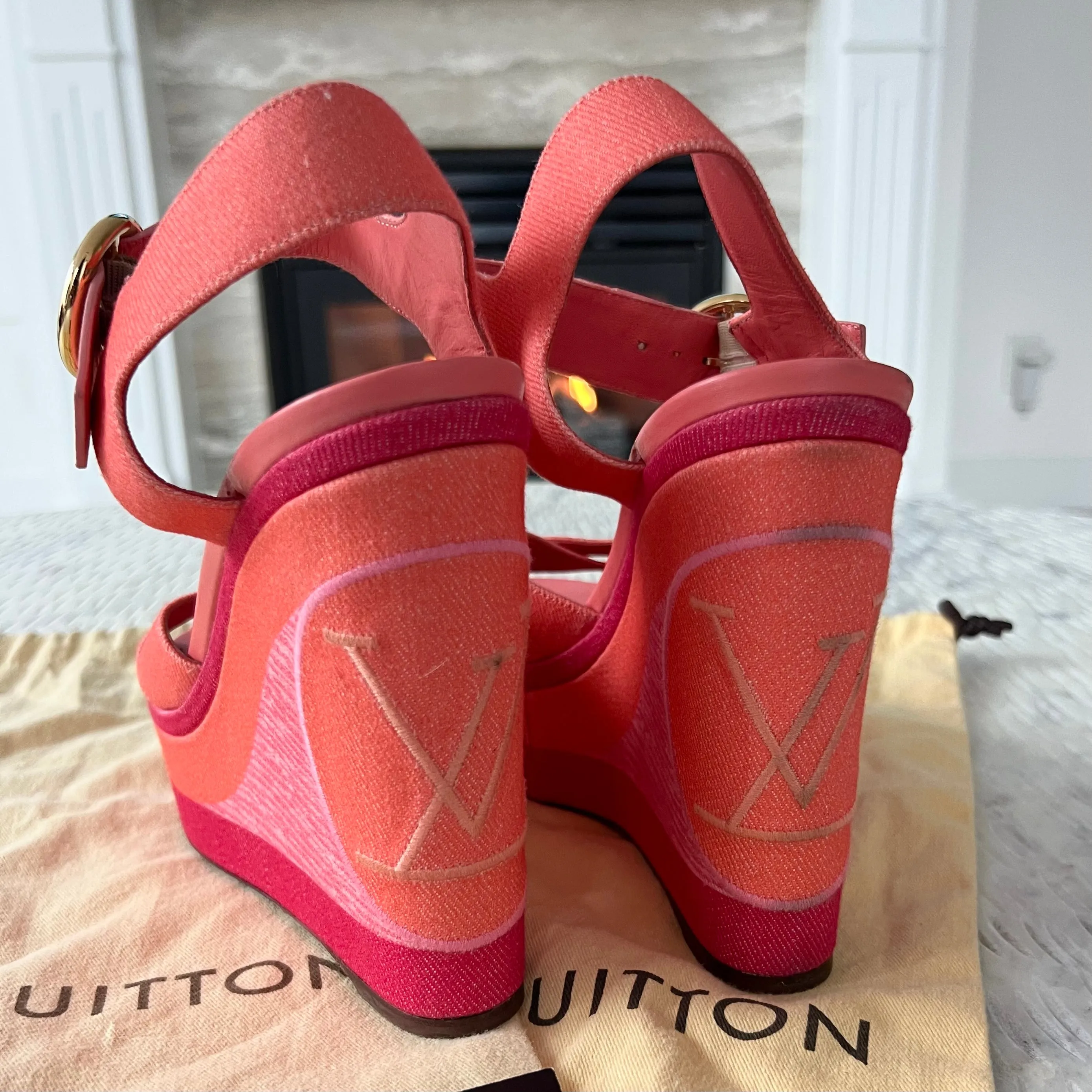 Louis Vuitton Pink Orange Canvas Wedge Heels