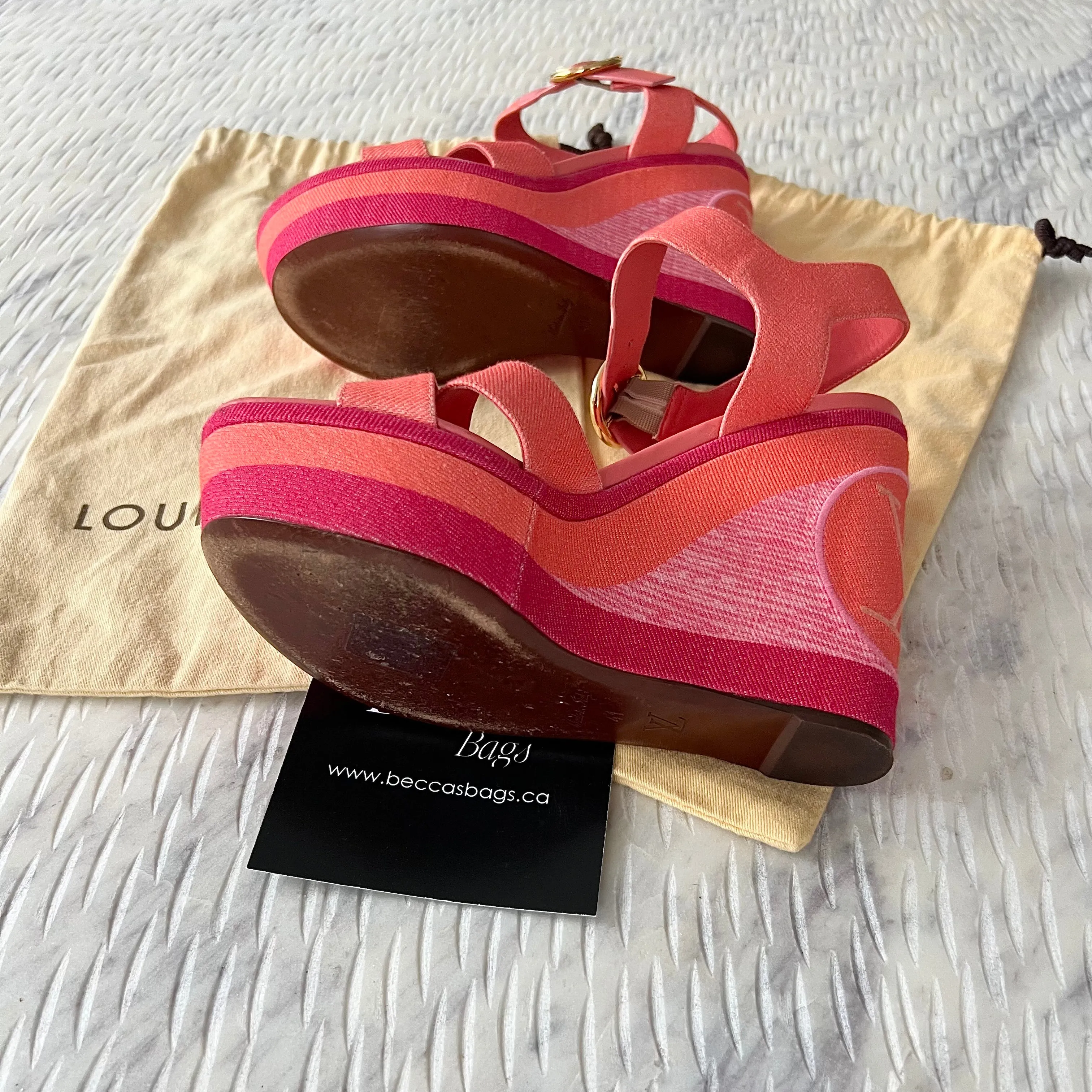 Louis Vuitton Pink Orange Canvas Wedge Heels