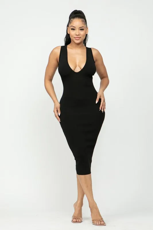 Olivia V-Cut Racerback Midi Dress (Black)