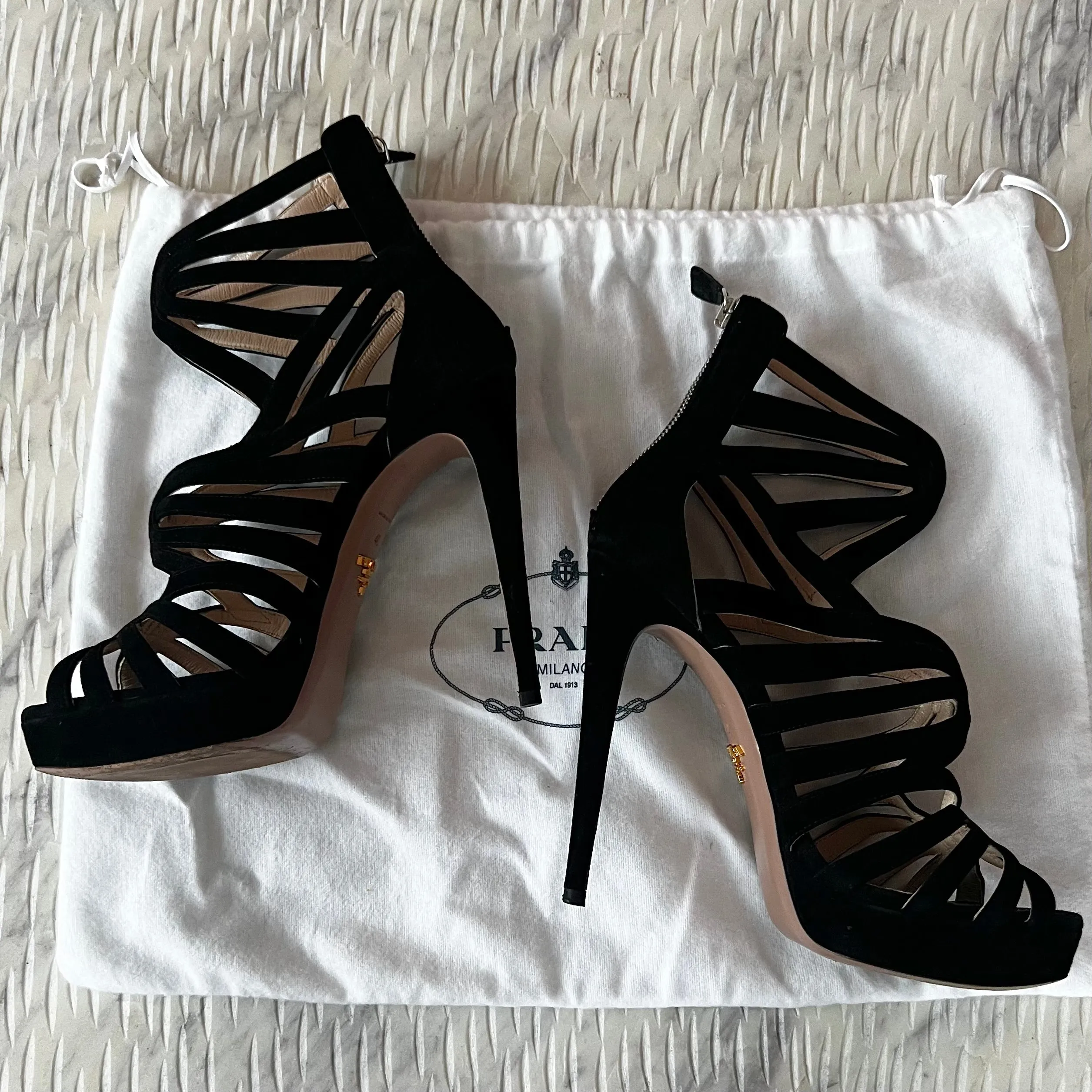 Prada Caged Black Suede Heels