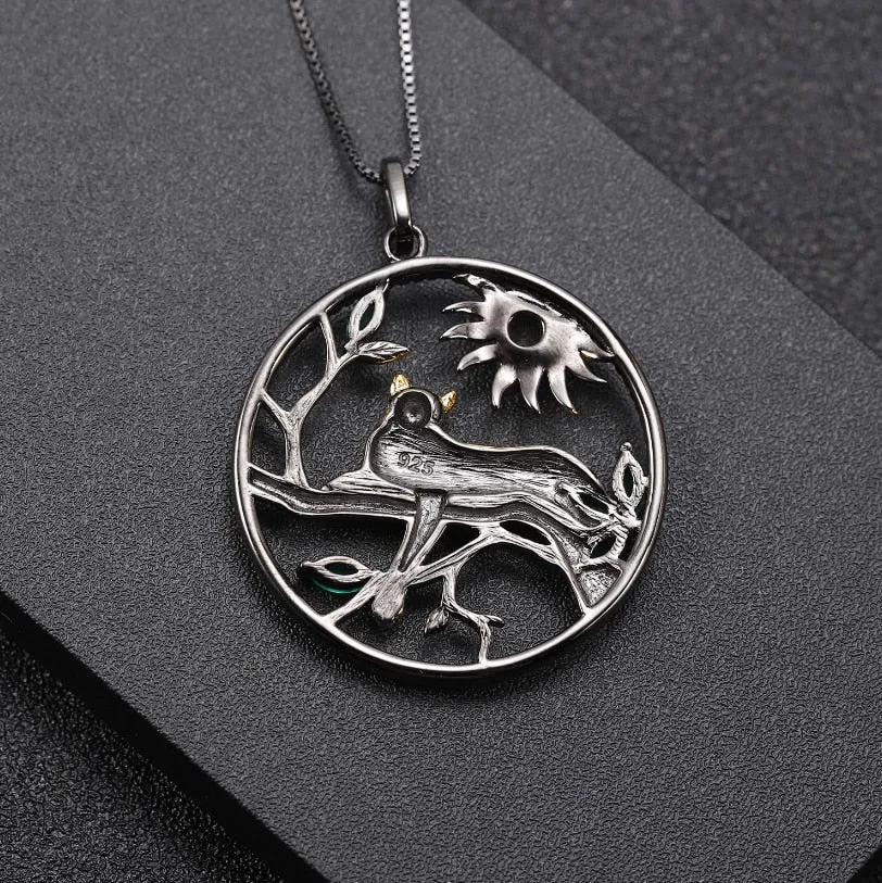 Two-Tone Black Gold CZ Round Panther Leopard Sun Pendant Necklace