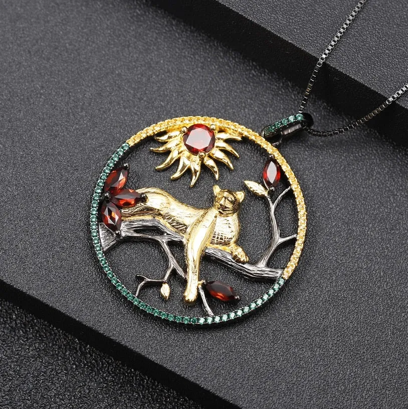 Two-Tone Black Gold CZ Round Panther Leopard Sun Pendant Necklace