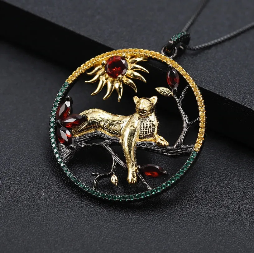 Two-Tone Black Gold CZ Round Panther Leopard Sun Pendant Necklace